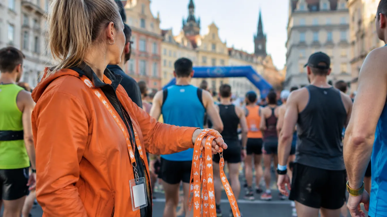 Partenza di una gara con volontari con lanyard e runner con braccialetti